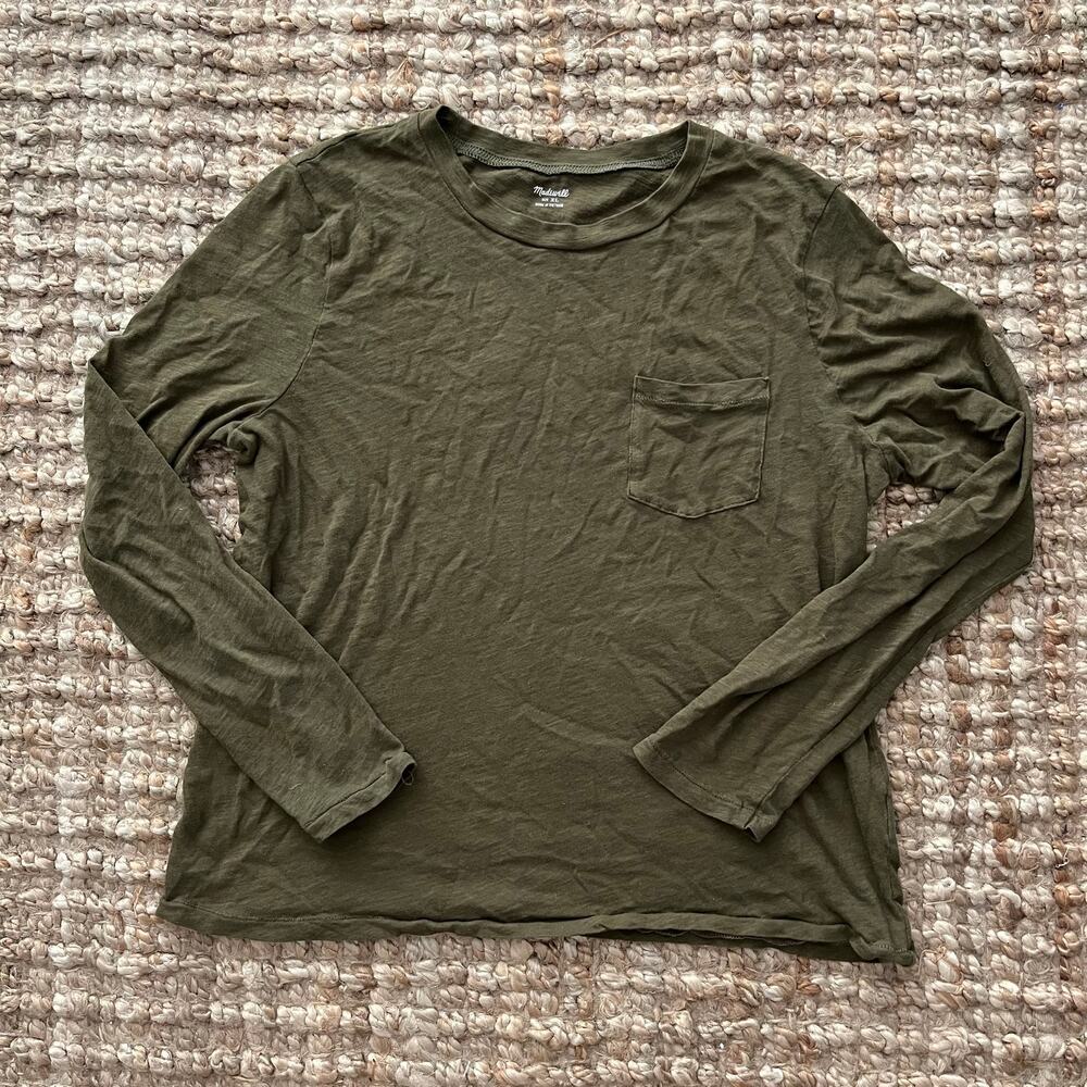 Madewell Women XL Olive Green Long Sleeve Pocket Tee Slub Cotton Crewneck